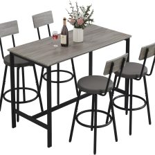 Dining Table Set for 4, 5-Piece Bar Table Set, Kitchen Table and Chairs, Counter Height High Top Table with 4 PU Upholstered Stools, Space-Saving Pub Table Set for Small Space, Gray