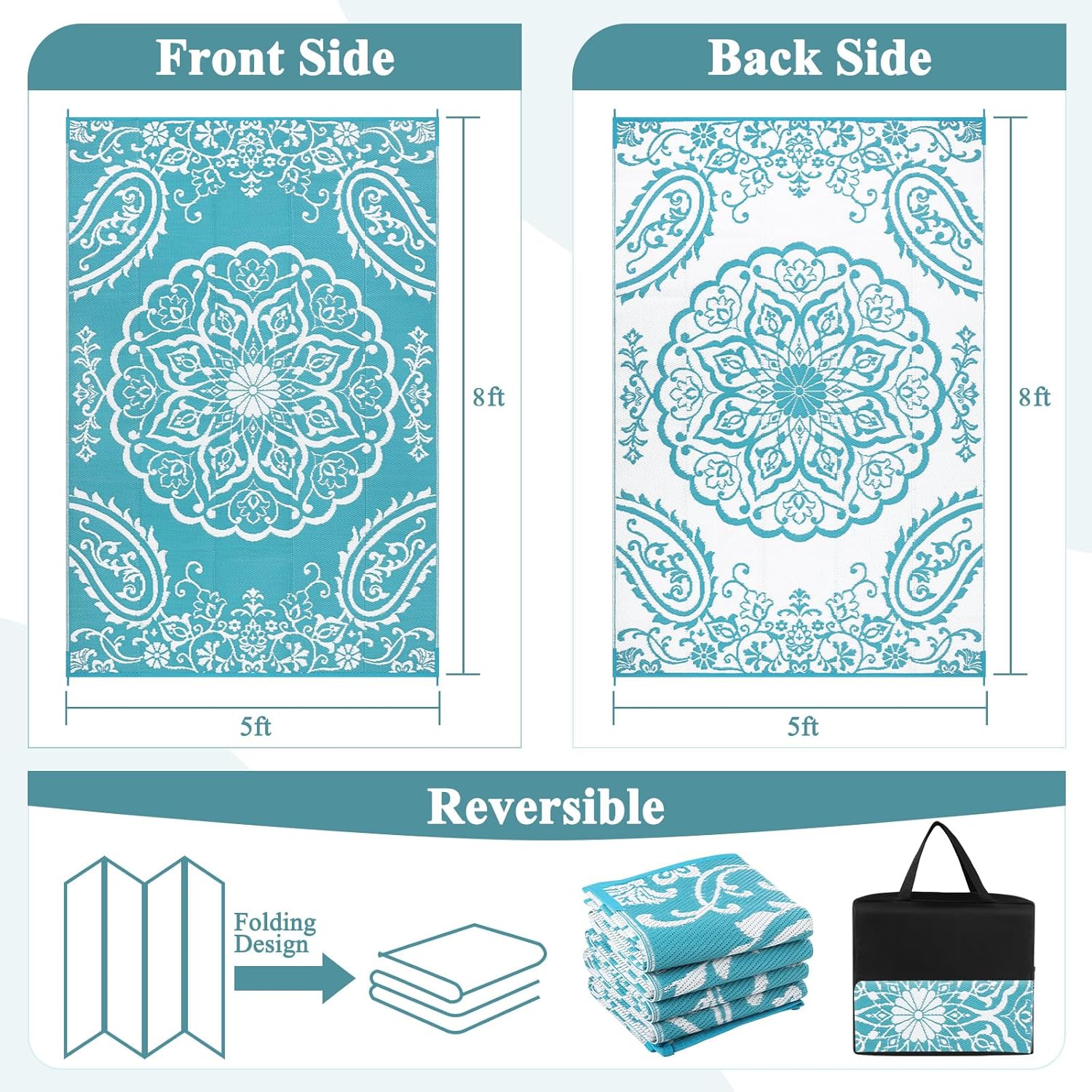 Pauwer Waterproof Outdoor Rug 5x8, Reversible Plastic Straw Patio Camping Rug, Indoor Outdoor RV Mat Carpet for Deck, Camper, Porch, Balcony, Backyard, Picnic, Boho Teal - Image 2