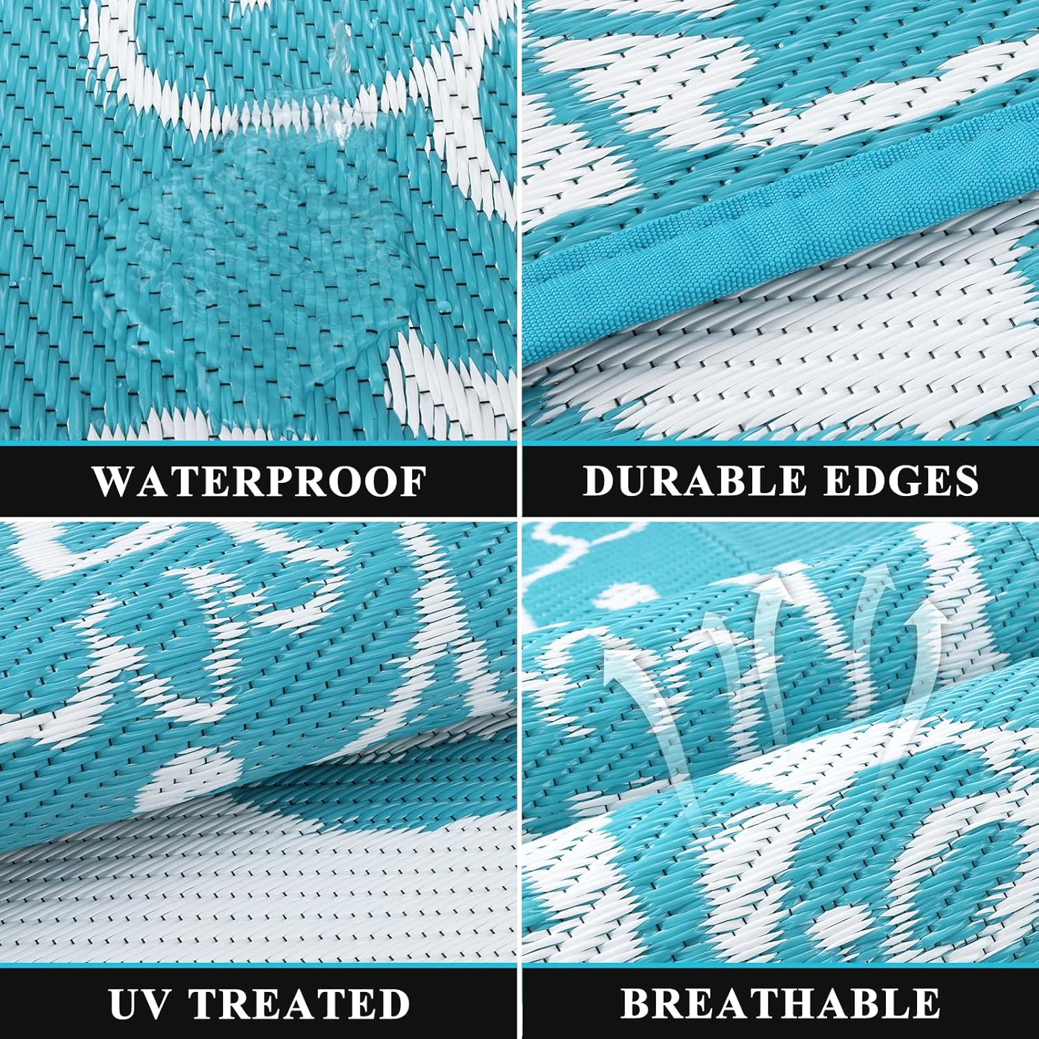 Pauwer Waterproof Outdoor Rug 5x8, Reversible Plastic Straw Patio Camping Rug, Indoor Outdoor RV Mat Carpet for Deck, Camper, Porch, Balcony, Backyard, Picnic, Boho Teal - Image 3