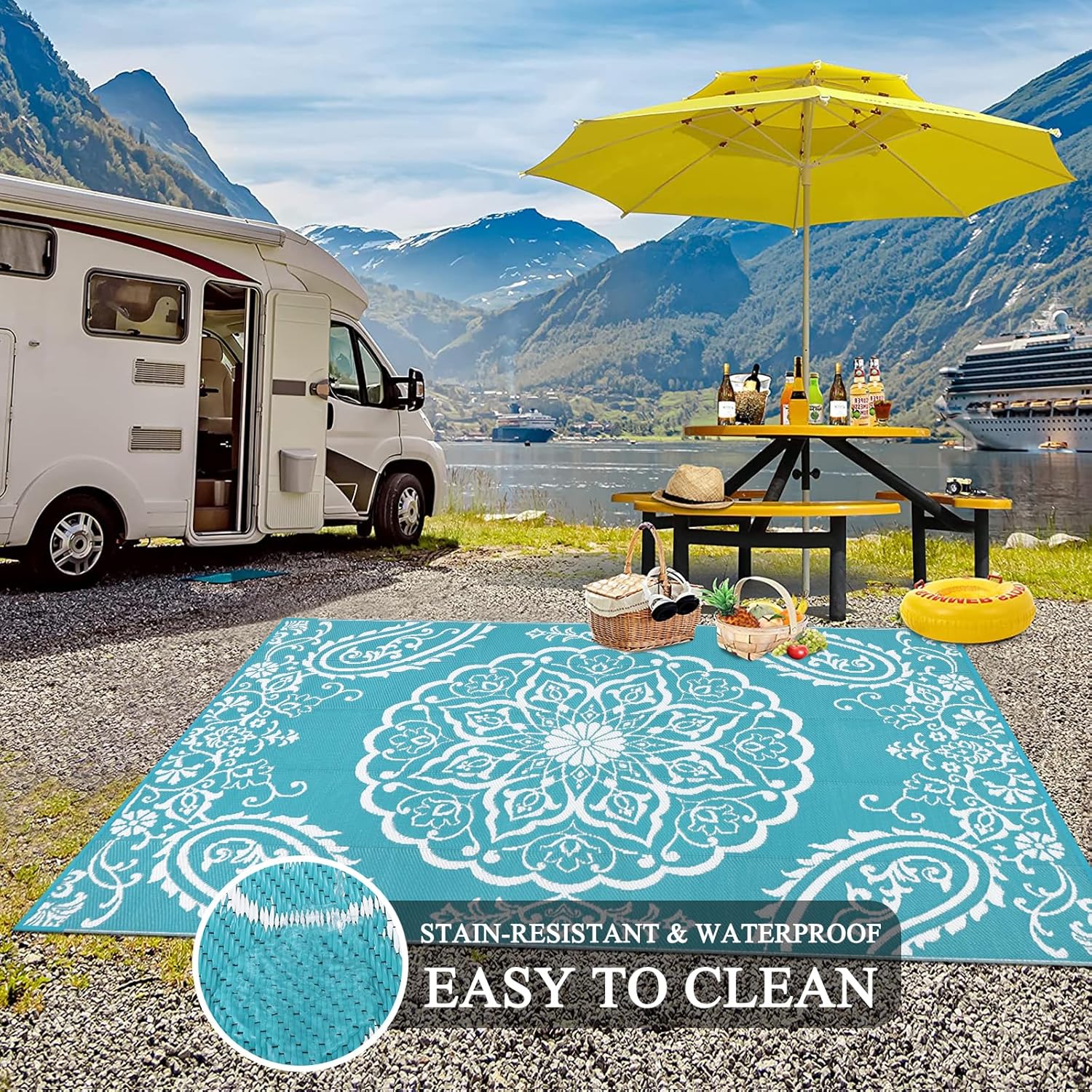 Pauwer Waterproof Outdoor Rug 5x8, Reversible Plastic Straw Patio Camping Rug, Indoor Outdoor RV Mat Carpet for Deck, Camper, Porch, Balcony, Backyard, Picnic, Boho Teal - Image 5