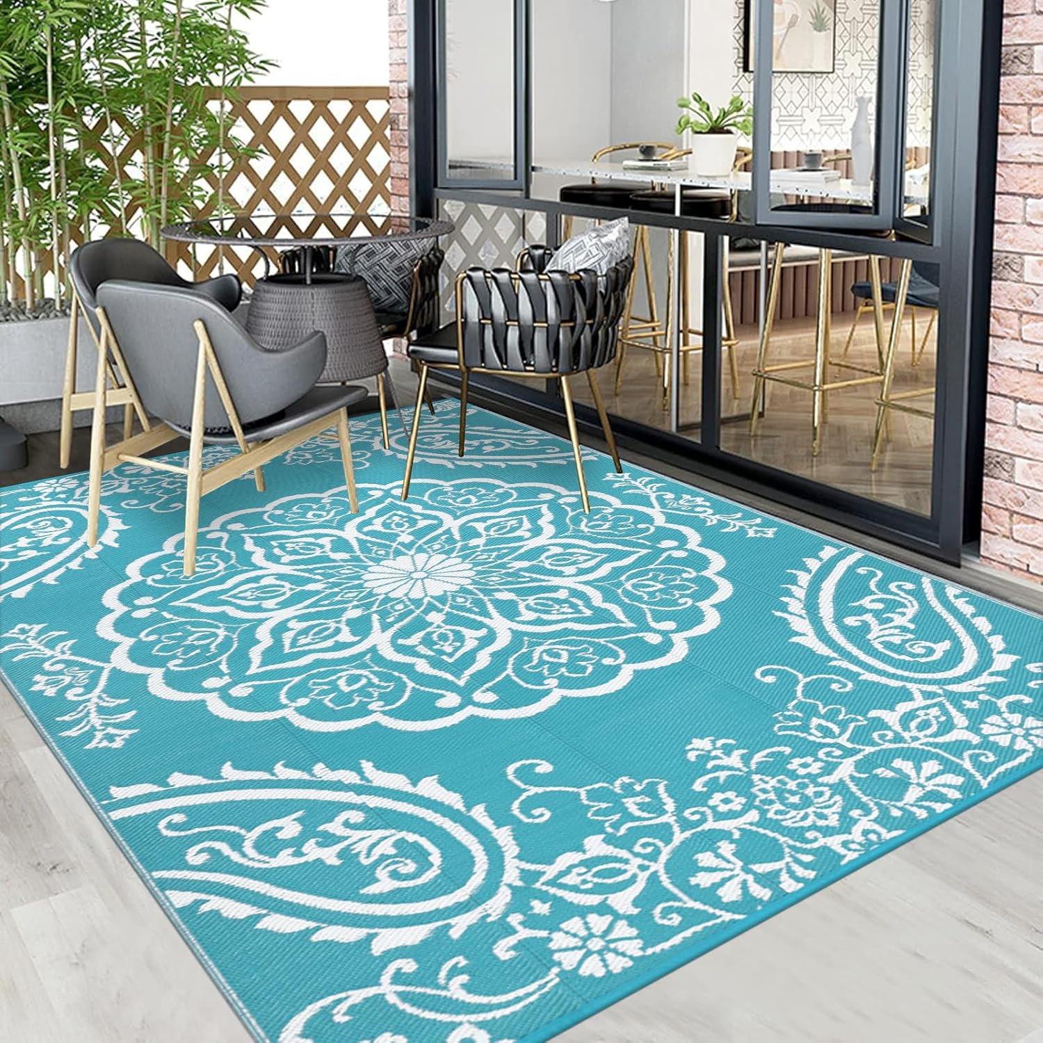 Pauwer Waterproof Outdoor Rug 5x8, Reversible Plastic Straw Patio Camping Rug, Indoor Outdoor RV Mat Carpet for Deck, Camper, Porch, Balcony, Backyard, Picnic, Boho Teal - Image 7