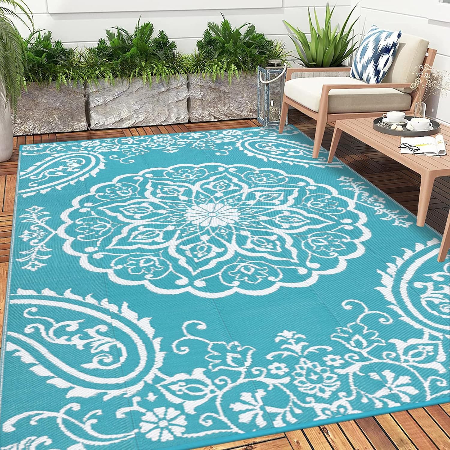 Pauwer Waterproof Outdoor Rug 5x8, Reversible Plastic Straw Patio Camping Rug, Indoor Outdoor RV Mat Carpet for Deck, Camper, Porch, Balcony, Backyard, Picnic, Boho Teal - Image 8